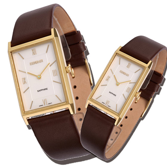依波方形牛皮表带石英情侣表(浅褐)154141/154142