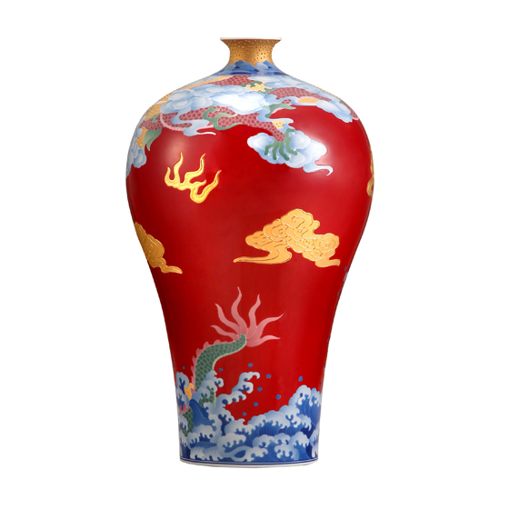 红官窑双龙戏珠观音瓶中国红中国红