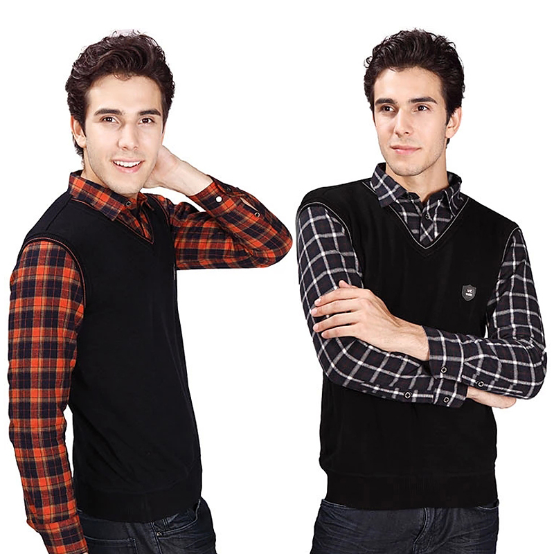 真彩男士二合一保暖衬衫2件组 蓝格 橙黄格