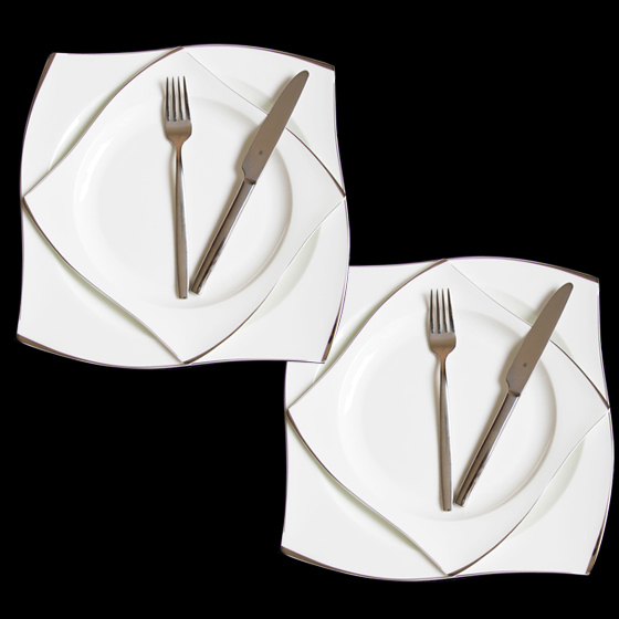 [迪奥百合] 印象骨瓷手工描边西餐盘8件套 纯白
