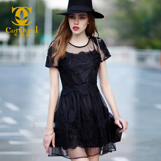 卡路丝时尚修身显瘦网纱连衣裙子MWQ40018 黑色
