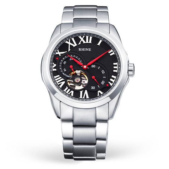 莱茵罗马数字精钢机械男表r89300m白银