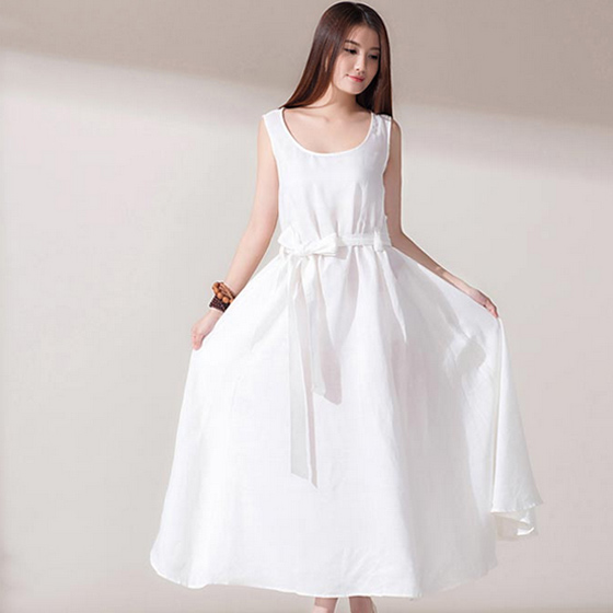 原木素然素色修身连衣裙 白色