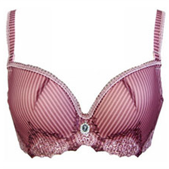 富妮来薄款胸b杯条纹蕾丝边聚拢套装紫粉色