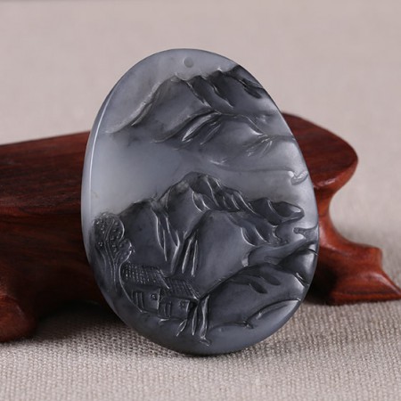 由你所在青花和田玉山水牌挂件