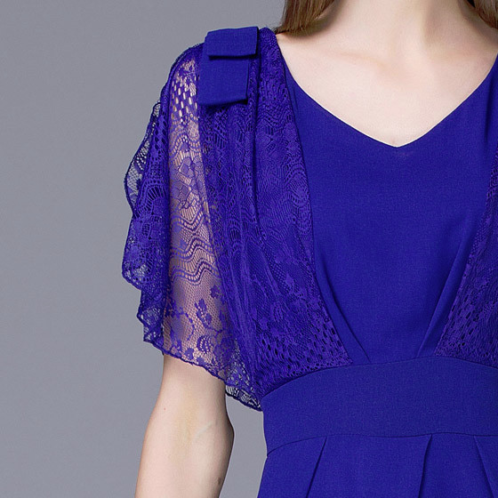 olisi蓝色蕾丝气质连衣裙