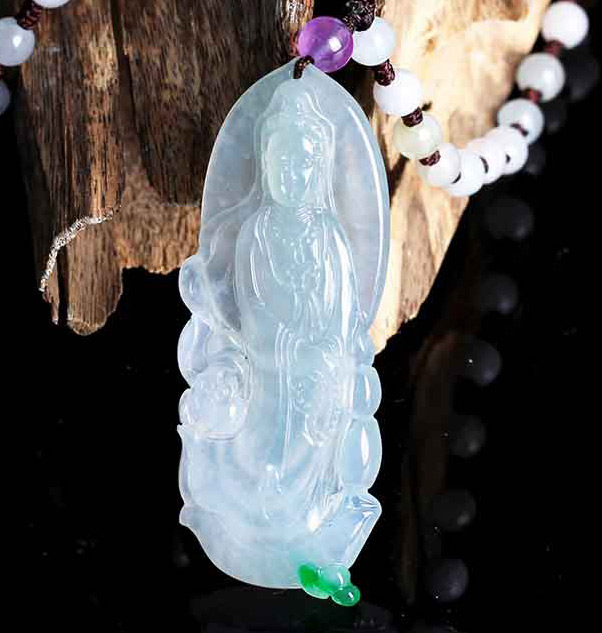 千色密码 冰种飘绿薄装站观音翡翠a货吊坠