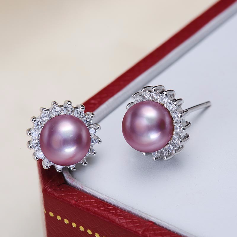 水年华S925银奢华闪耀紫色珍珠耳钉