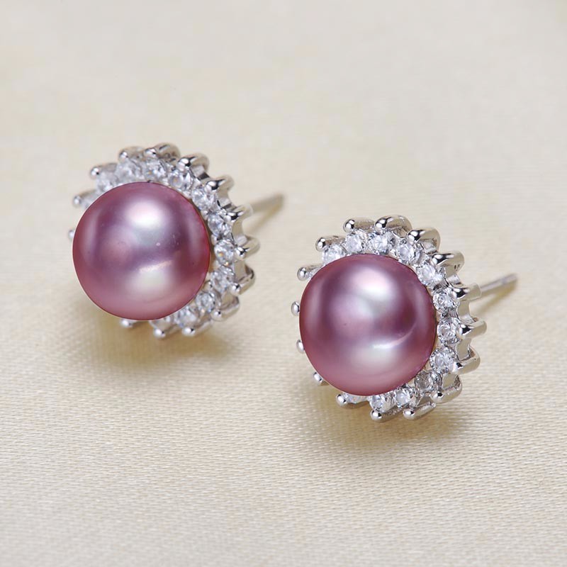 水年华S925银奢华闪耀紫色珍珠耳钉