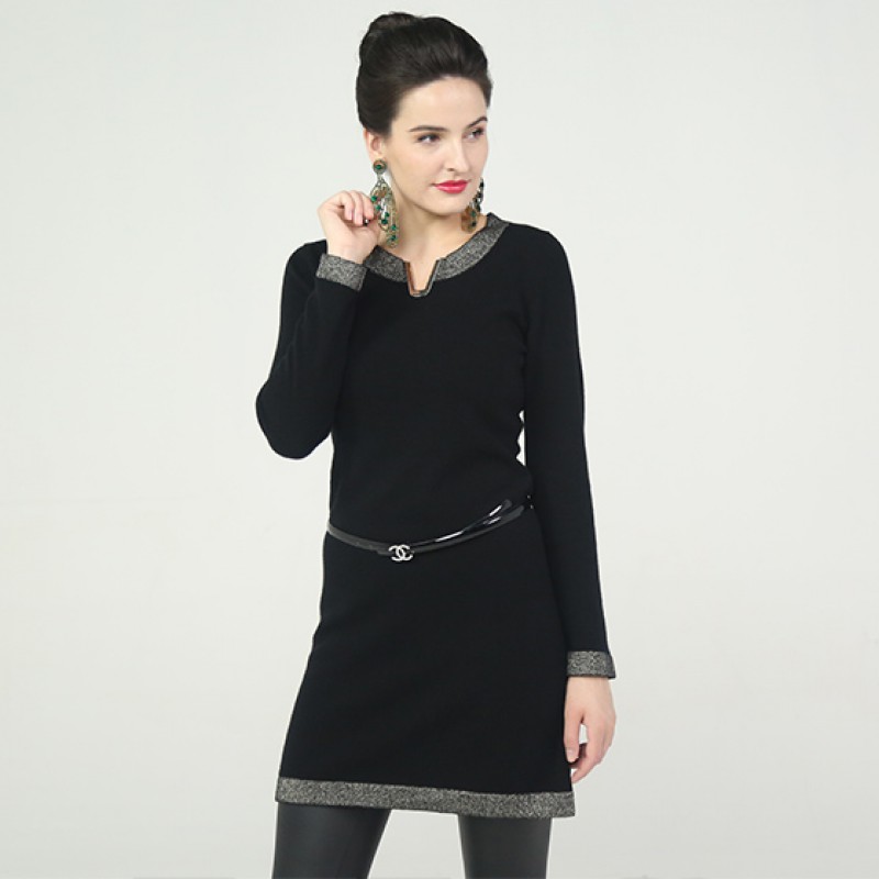 法国LC100%纯山羊绒V领裙加长两用款·黑色