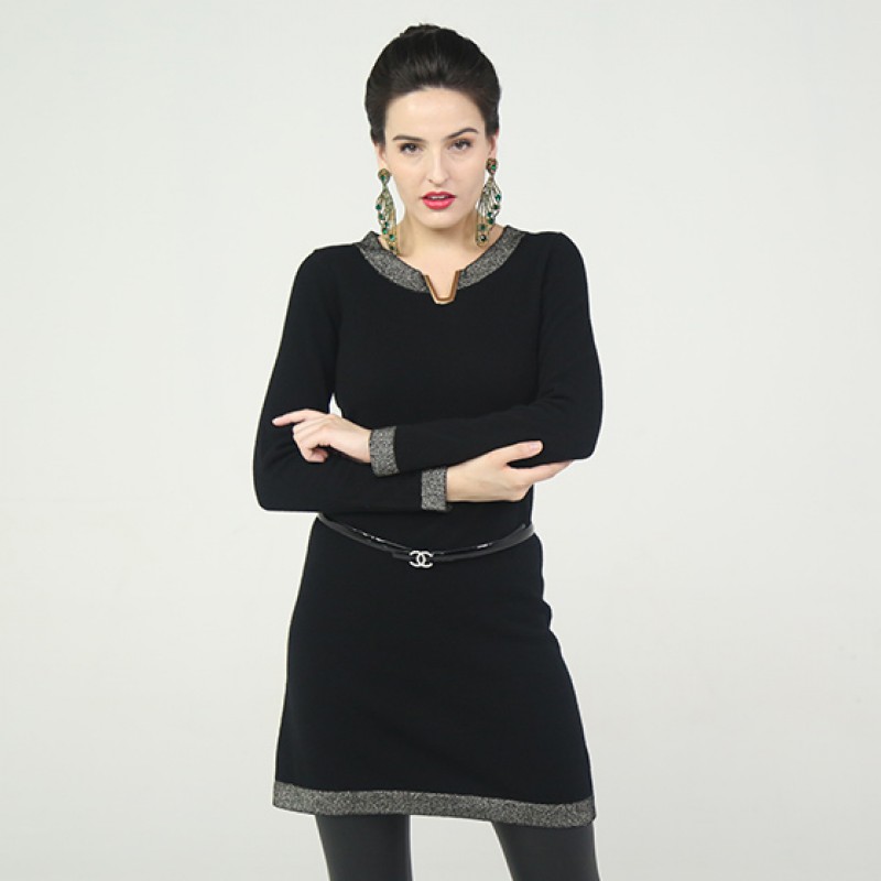 法国LC100%纯山羊绒V领裙加长两用款·黑色