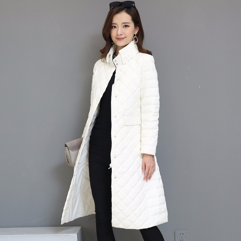 黛莉公主2017新款韩版菱形格中长款轻型羽绒服DLQ5983·白色 （特价清仓 不退不换）