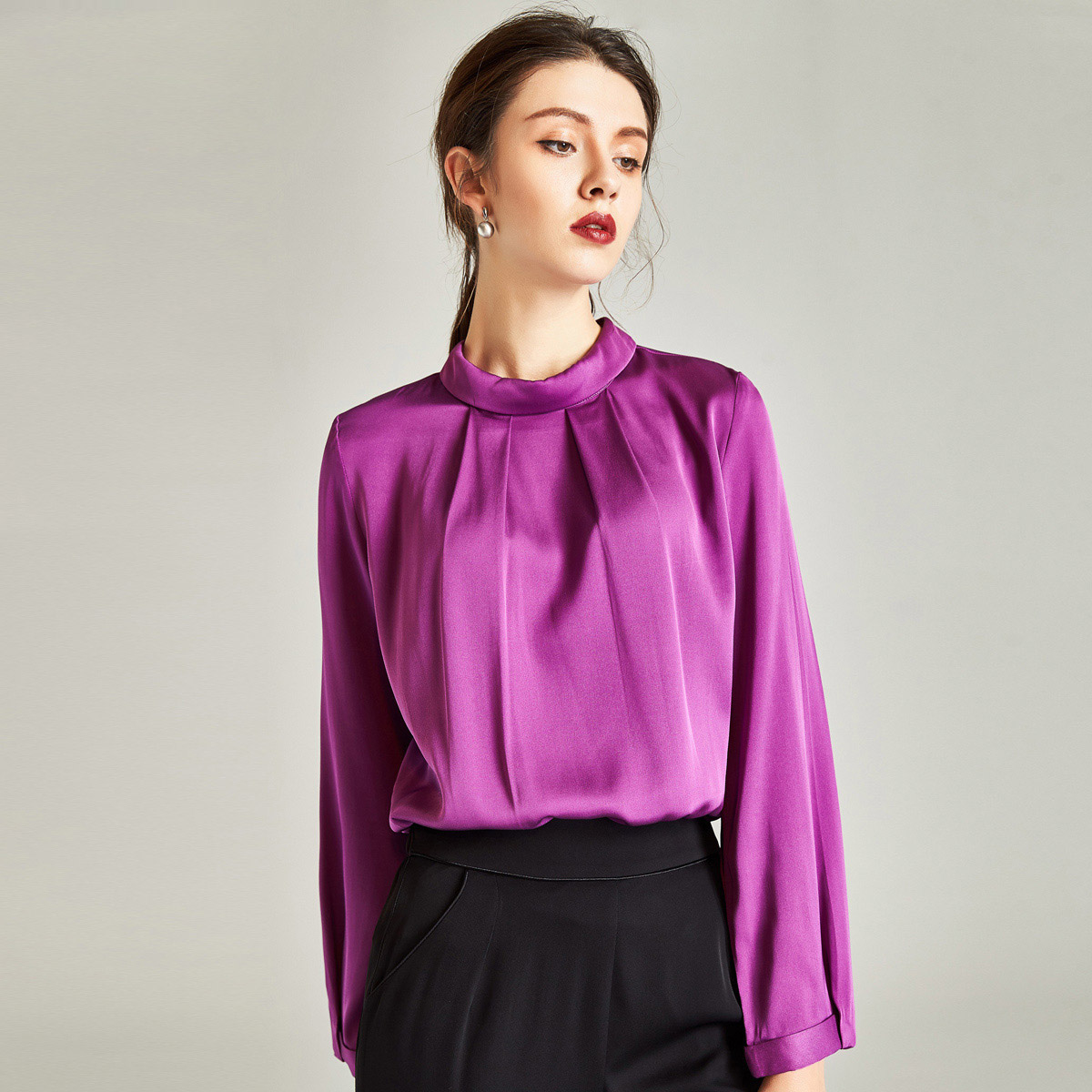 漫丽依 春秋季真丝气质圆领长袖女衬衣SZ3167·紫色