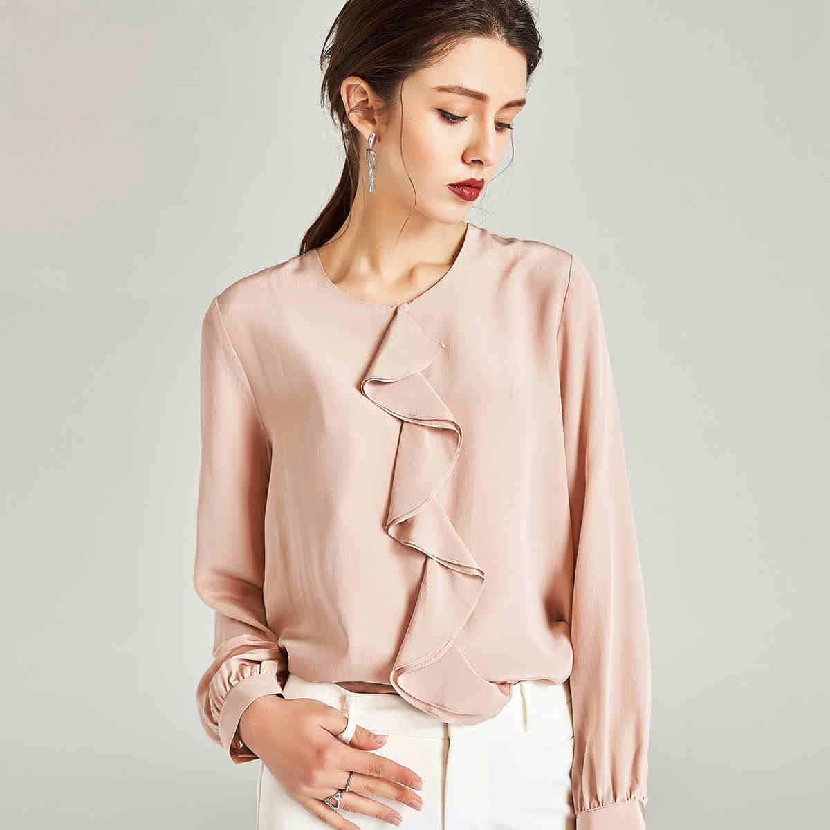 漫丽依 春季100%真丝韩版时尚套头长袖女衬衣·粉色