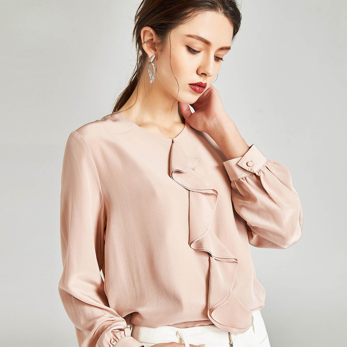 漫丽依 春季100%真丝韩版时尚套头长袖女衬衣·粉色