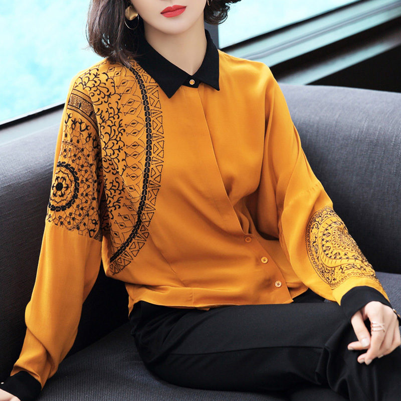 丁摩 刺绣复古时尚气质长袖衬衫蝙蝠袖衬衣C40501·黄色