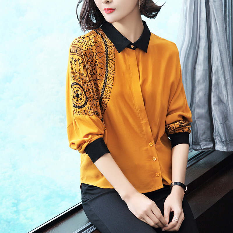 丁摩 刺绣复古时尚气质长袖衬衫蝙蝠袖衬衣C40501·黄色