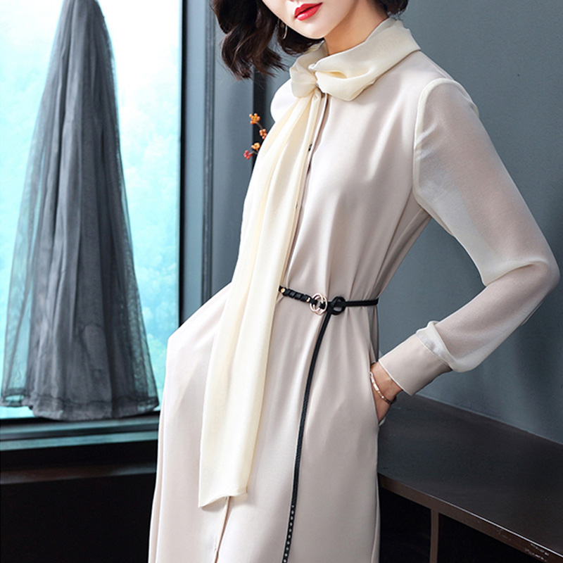 妖歌 时尚气质宽松显瘦雪纺连衣裙女长袖中长款C40502·白色