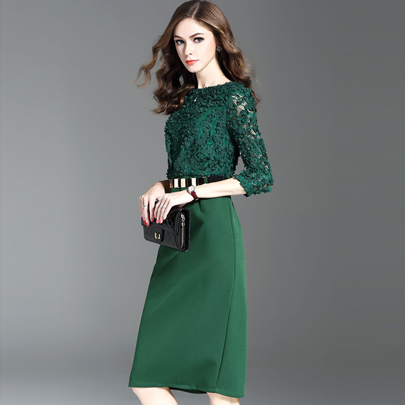 妖歌 时尚蕾丝气质修身显瘦包臀裙子中长款连衣裙1064213·绿色