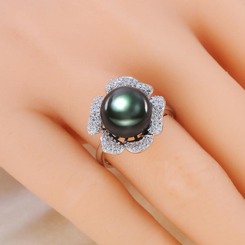 水年华S925银花形黑珍珠戒指·黑色