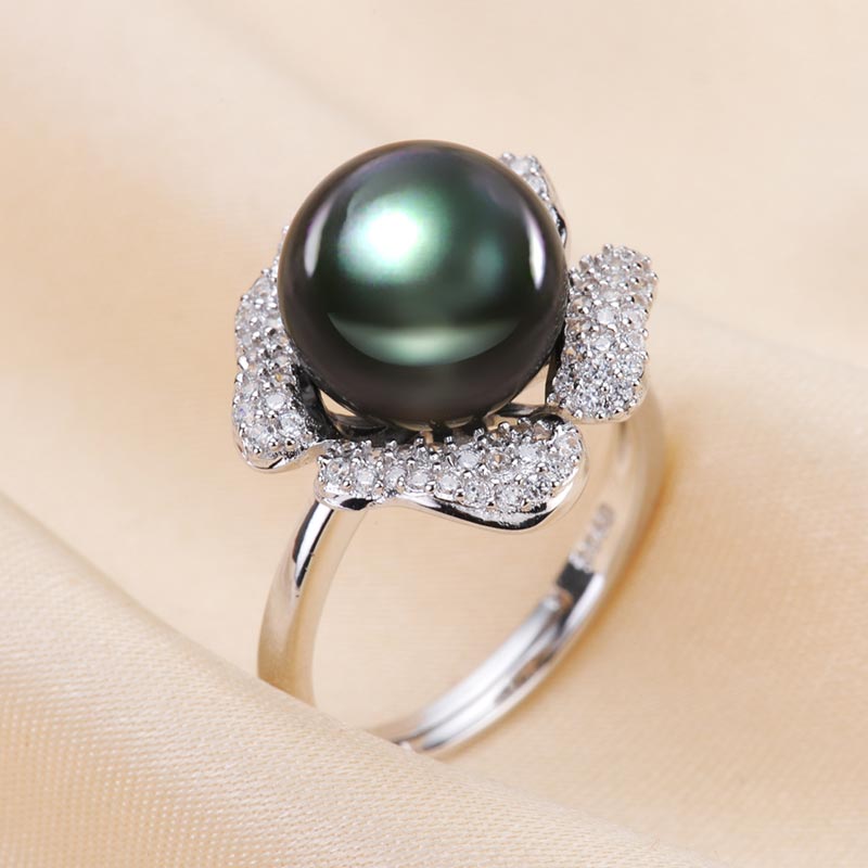水年华S925银花形黑珍珠戒指·黑色