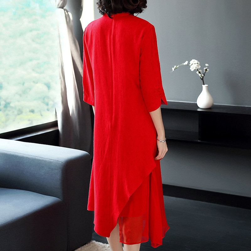 丁摩 中国风复古立领绣花纯色棉麻连衣裙V领五分袖中长裙50301·红色