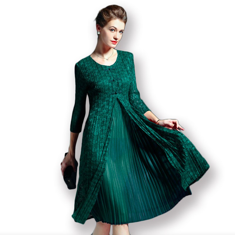 丝朵之丽 七分袖假两件蕾丝褶皱连衣裙·绿色