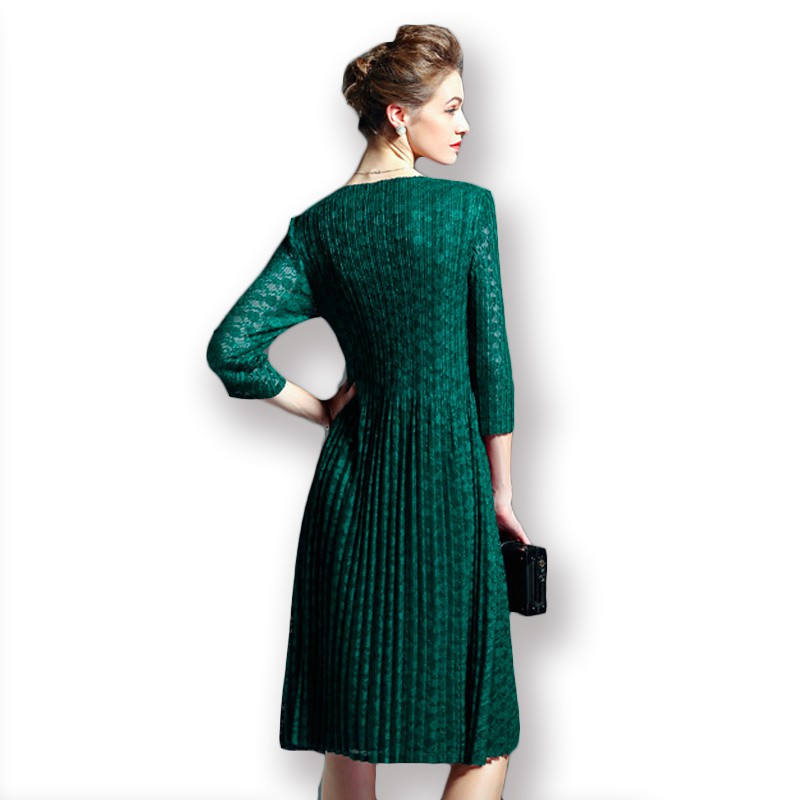 丝朵之丽 七分袖假两件蕾丝褶皱连衣裙·绿色