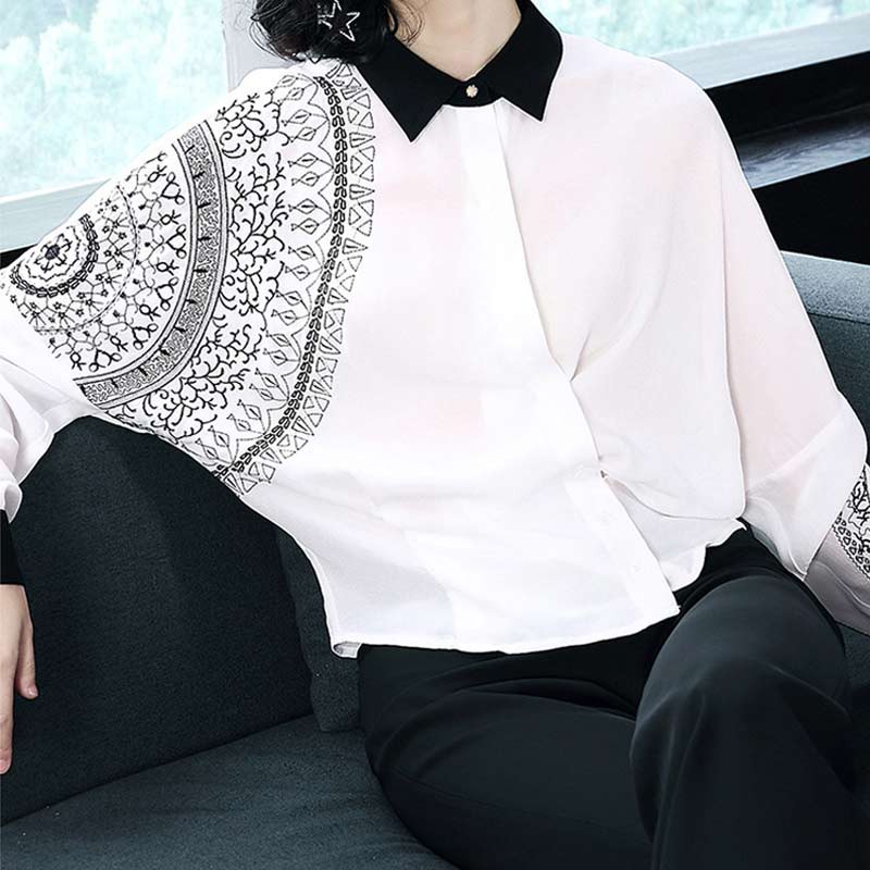 多多的世界欧美重工刺绣长袖宽松不规则衬衫3506·白色