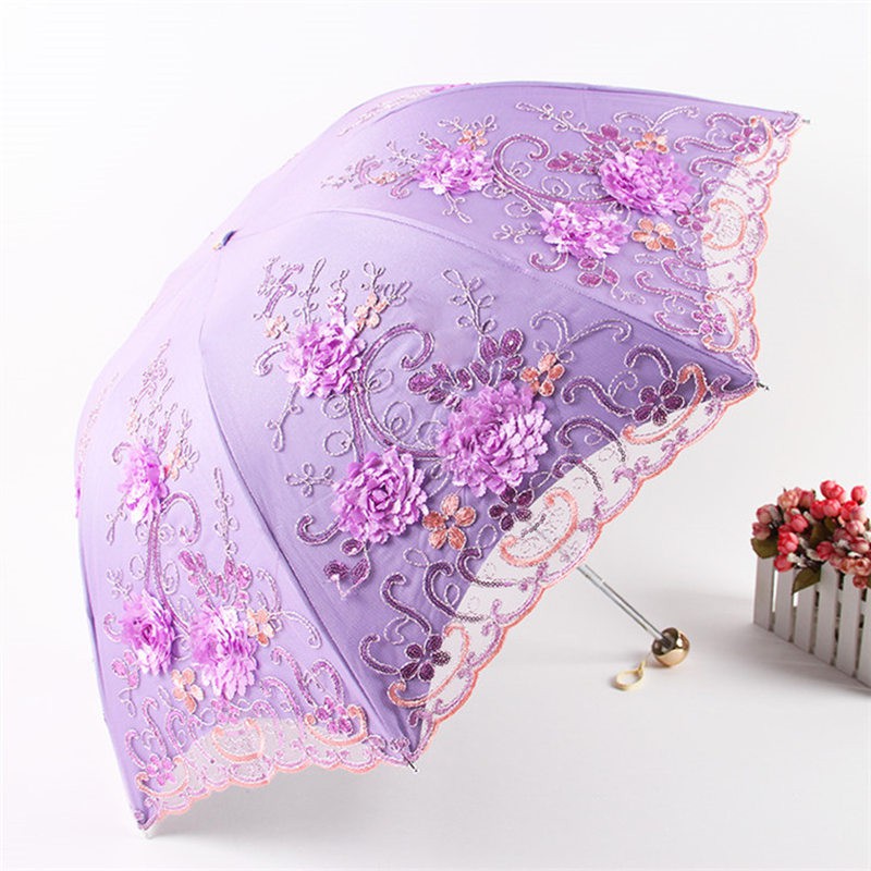 欧若拉 立体绣花蕾丝双层遮阳伞（加赠全自动晴雨伞）·粉红色~