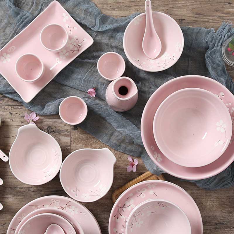 【重点推荐】玉泉 日式陶瓷碗碟餐具套组56头 樱花物语·粉红色~
