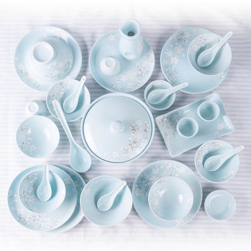 【重点推荐】玉泉 日式陶瓷碗碟餐具套组56头 樱花物语·淡蓝