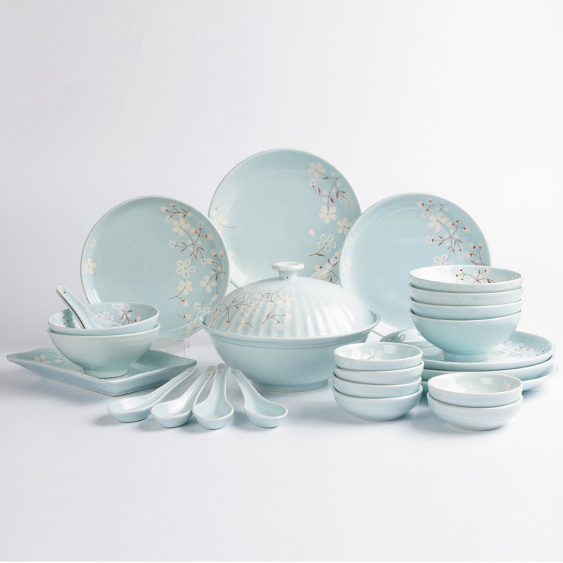 【重点推荐】玉泉 日式陶瓷碗碟餐具套组56头 樱花物语·淡蓝
