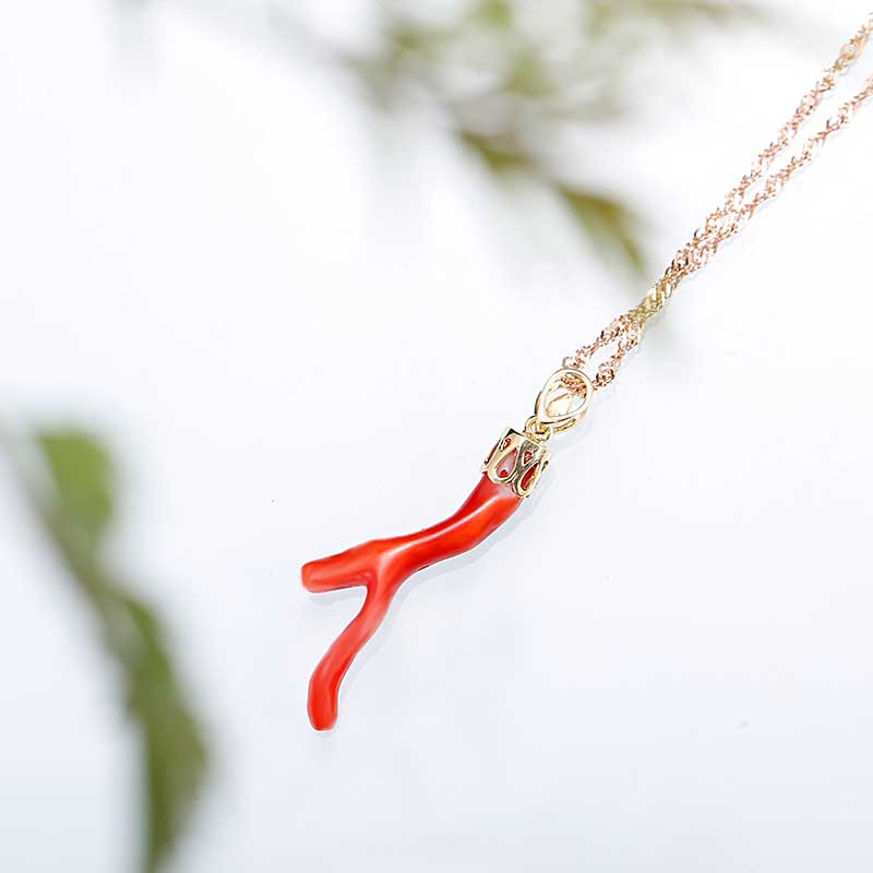 映时18k金镶红珊瑚枝优雅吊坠