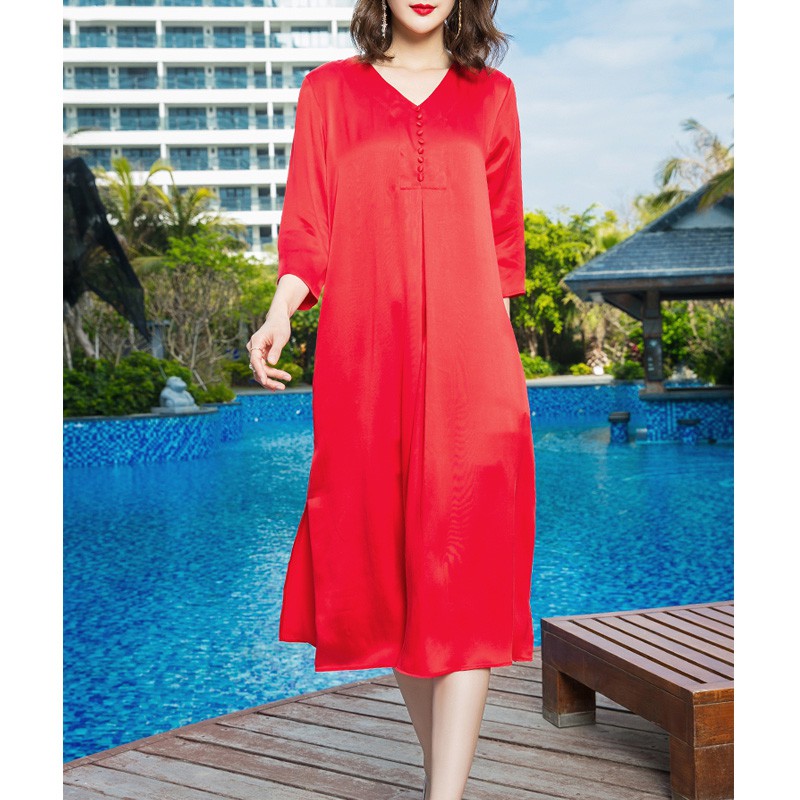 丁摩 重磅真丝连衣裙桑蚕丝海边度假沙滩裙中长款·红色