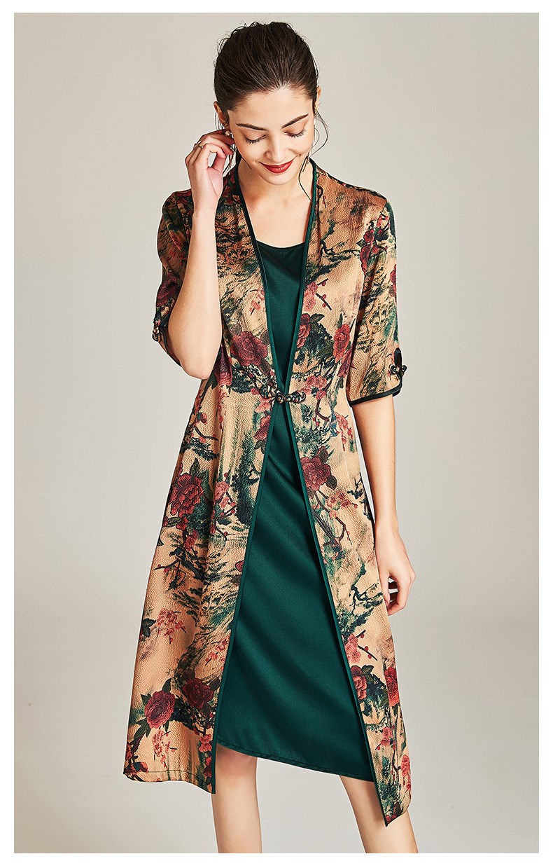 首页 服饰 女装 裙子 漫丽依 2018夏季真丝时尚复古五分袖中长款女