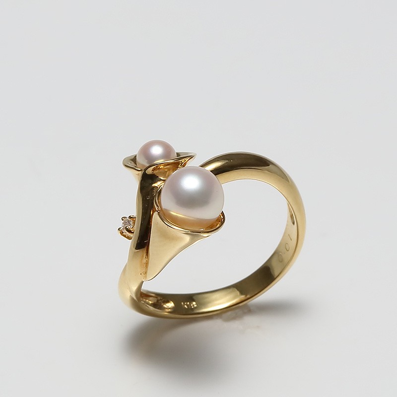 Vermeer 18K黄金+钻石AKOYA海水珍珠戒指3-6mm（编号0259)