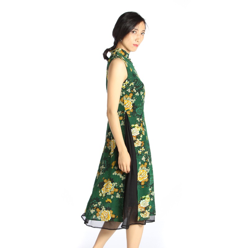 丁摩 真丝改良旗袍复古中国风印花连衣裙·墨绿