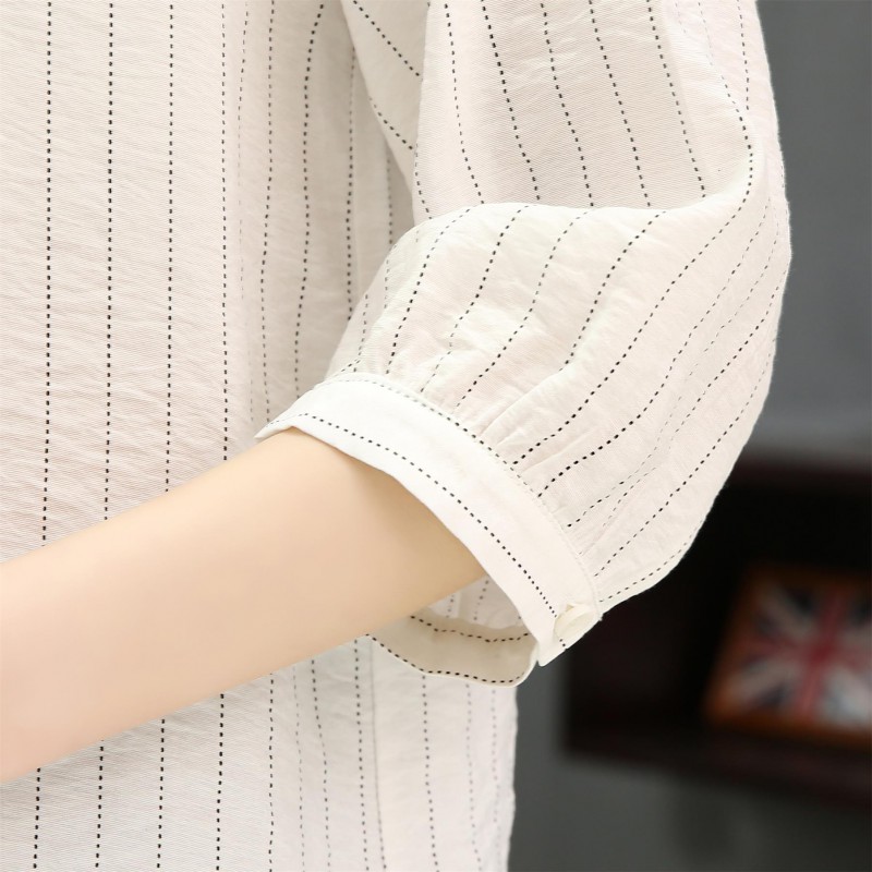 多多的世界条纹九分袖棉麻质感休闲衬衫DD903·女