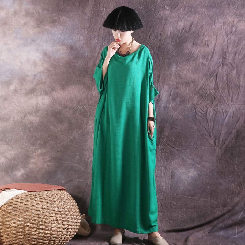 絮笈 圆领短袖刺绣宽松棉麻连衣裙·绿色
