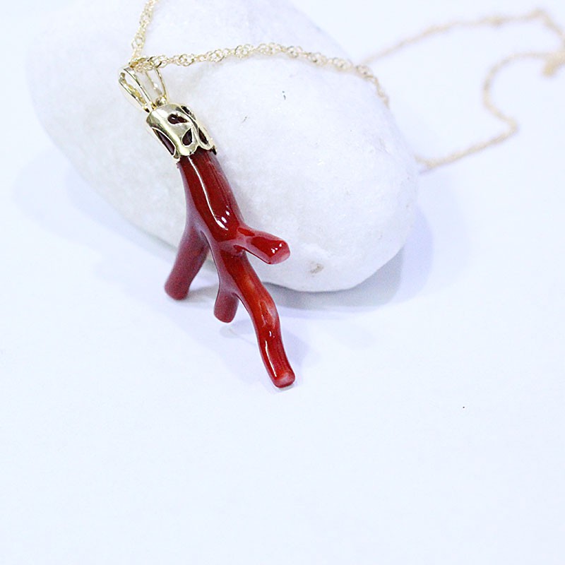映时雅致18k金镶红珊瑚枝吊坠