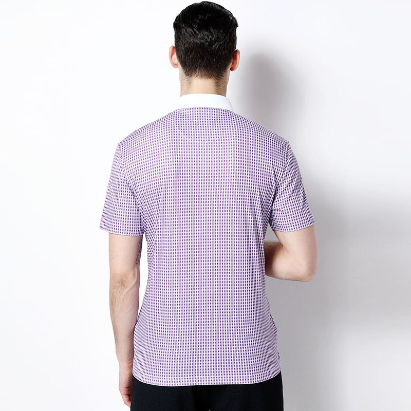 莱恩雷迪新款衬衫领格子印花男士短袖T恤102200882·深紫色