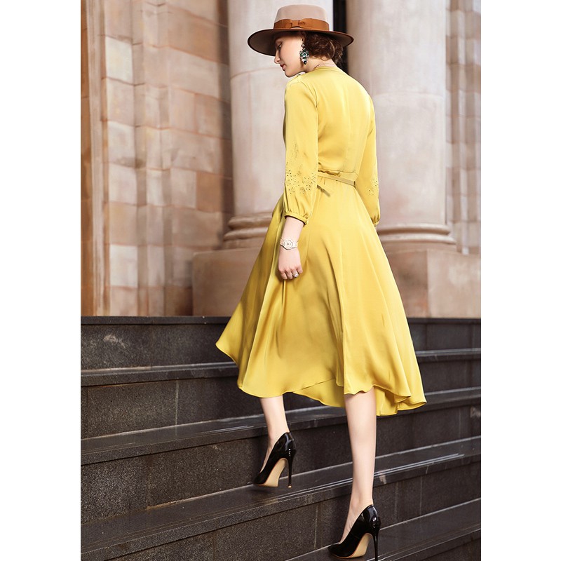 丁摩 V领七分袖连衣裙女宽松系带中长裙·黄色