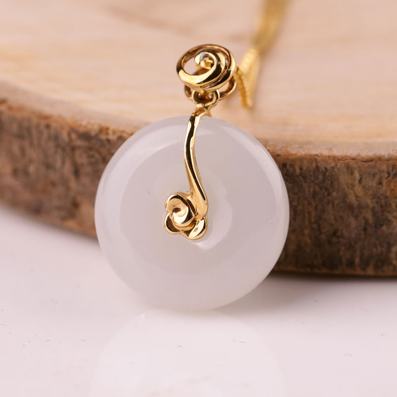 梦·梵雅18k金镶和田白玉平安扣吊坠【孤品】