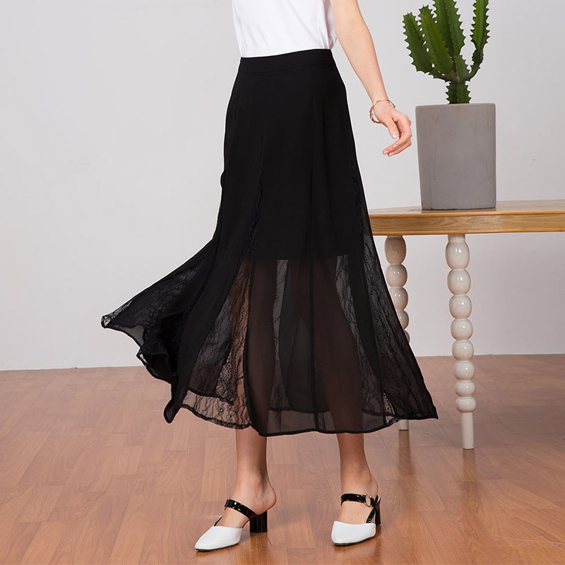 OLISI欧力丝女装时尚优雅中长款蕾丝雪纺拼接短裙·黑色