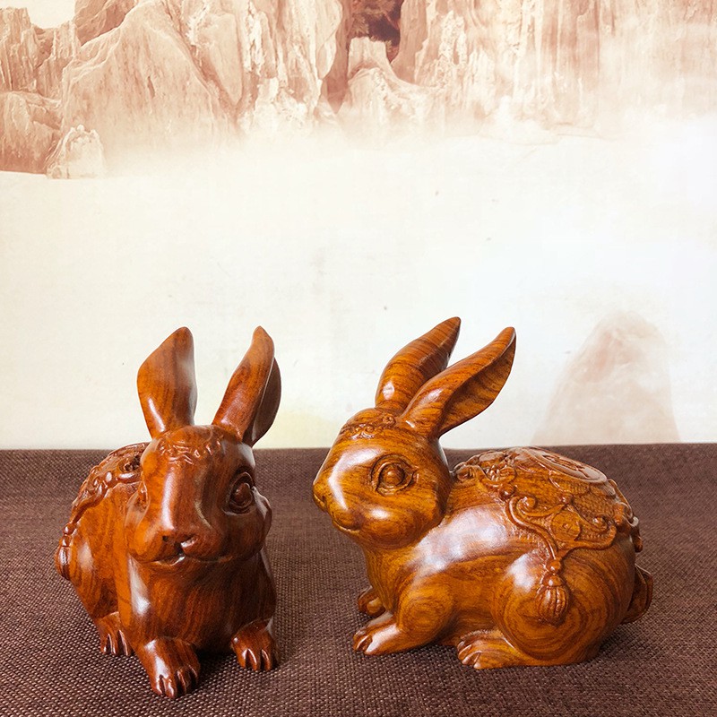 百年许氏 大叶草花梨实木雕工艺品摆件一对-吉祥玉兔