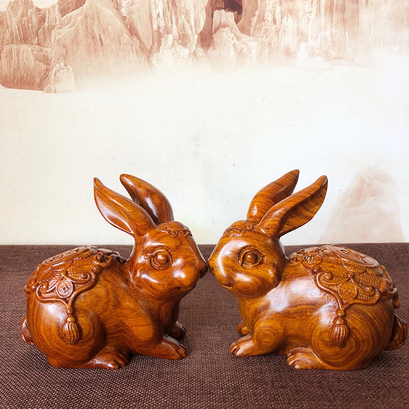 百年许氏 大叶草花梨实木雕工艺品摆件一对-吉祥玉兔