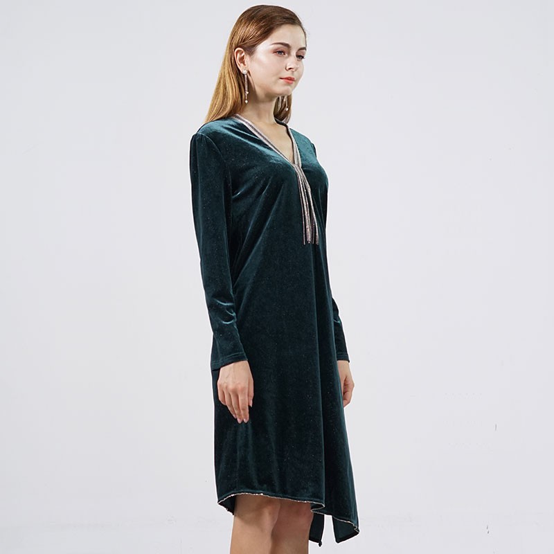 Prolivon时尚设计师款鎏锦丝绒连衣裙·墨绿