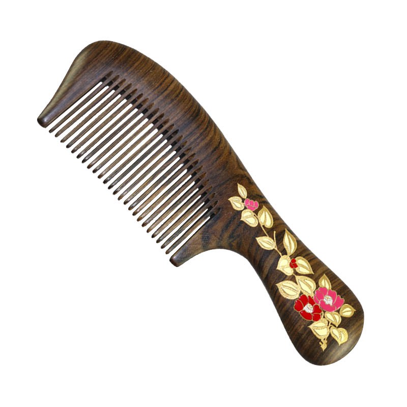 [tv商品]宫庭 古夷苏木长柄木梳漆艺梳细齿梳礼品梳·军绿色