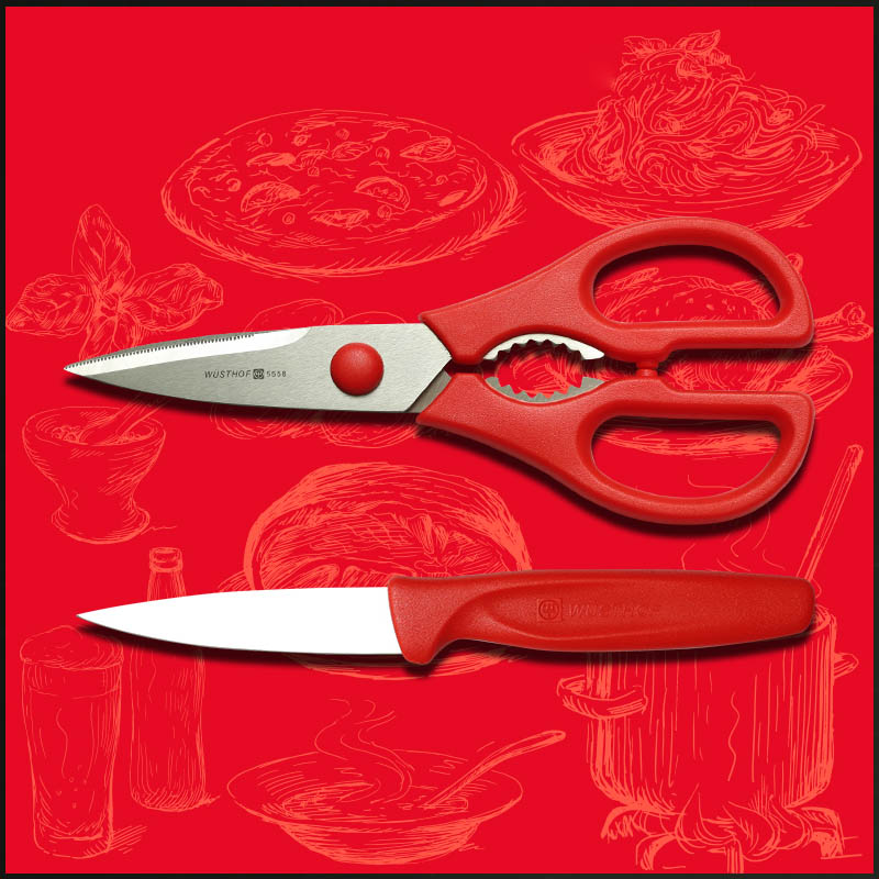 三叉wuesthof 炫彩系列-厨房两件组(剪刀 果蔬刀)-红色